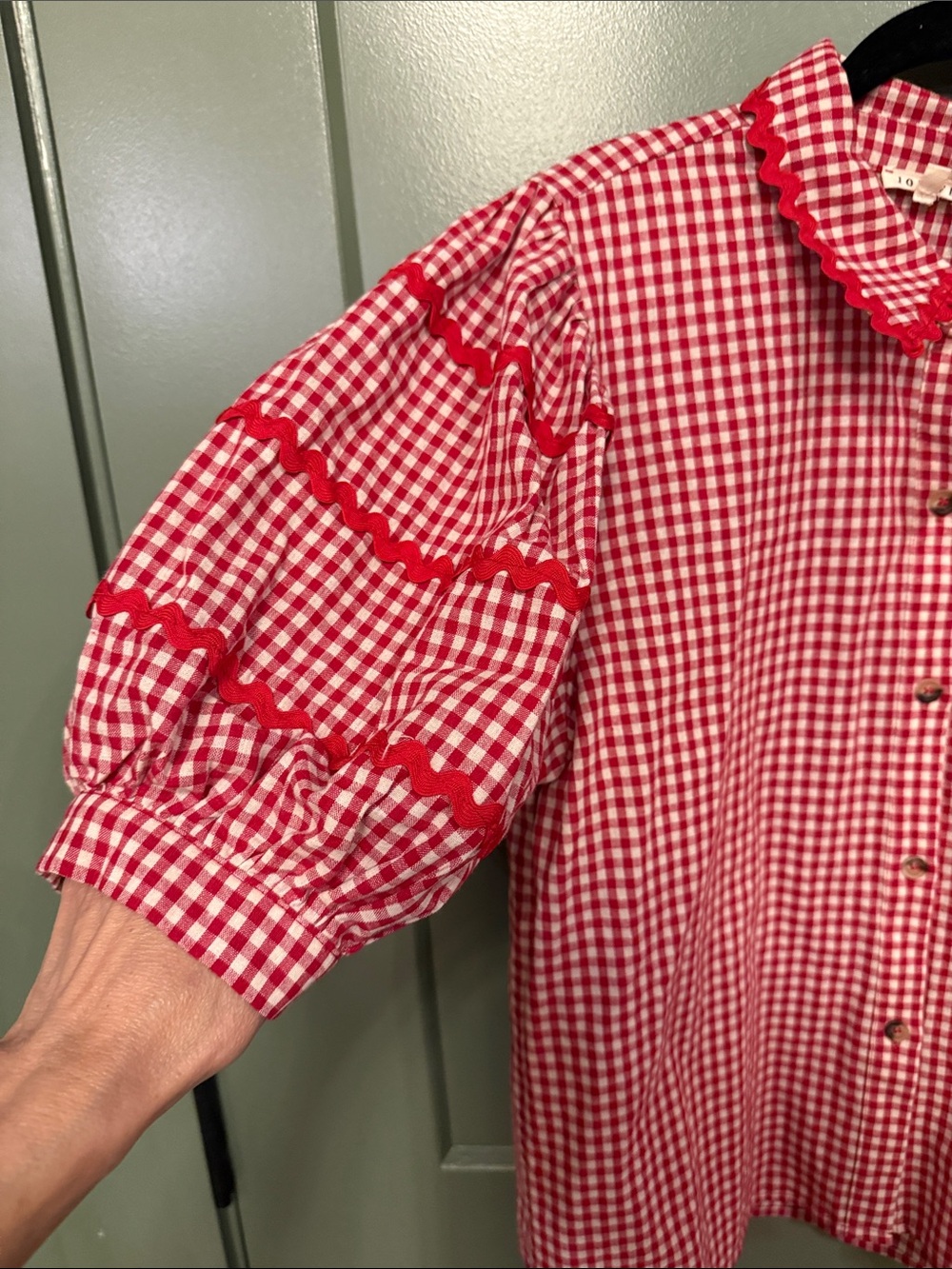 JODIFL Red and White Gingham Puff Sleeve Button-Front Top - Picture 3 of 7